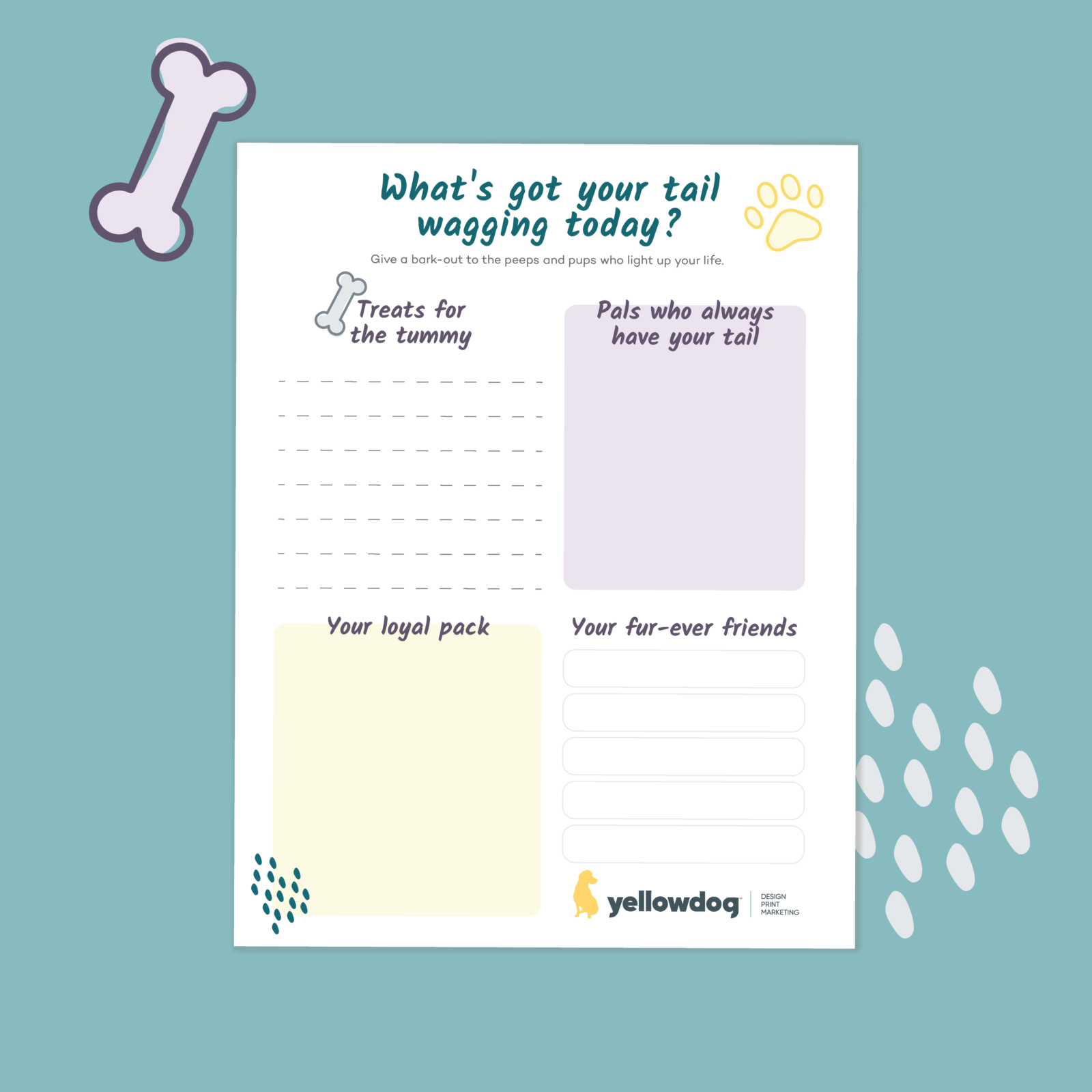 Image of a printable gratitude journal page with the heading: "What's got your tail wagging today?"