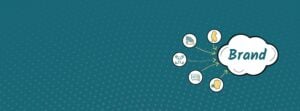 How to maintain brand consistency as you grow. The word brand is written in a white cloud bubble on a teal background with a subtle polka dot pattern. Icons representing logos, brand style, typography, messaging and brand voice are connected to the cloud with dotted lines, showing that they are the elements that go into brand.