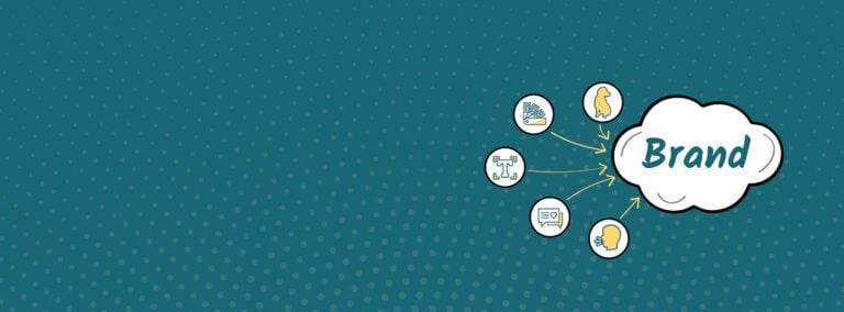 How to maintain brand consistency as you grow. The word brand is written in a white cloud bubble on a teal background with a subtle polka dot pattern. Icons representing logos, brand style, typography, messaging and brand voice are connected to the cloud with dotted lines, showing that they are the elements that go into brand.