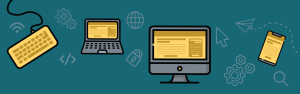Various graphic representations of technology on a teal background. Graphics include a yellow keyword, a laptop, a computer monitor, and a smartphone.