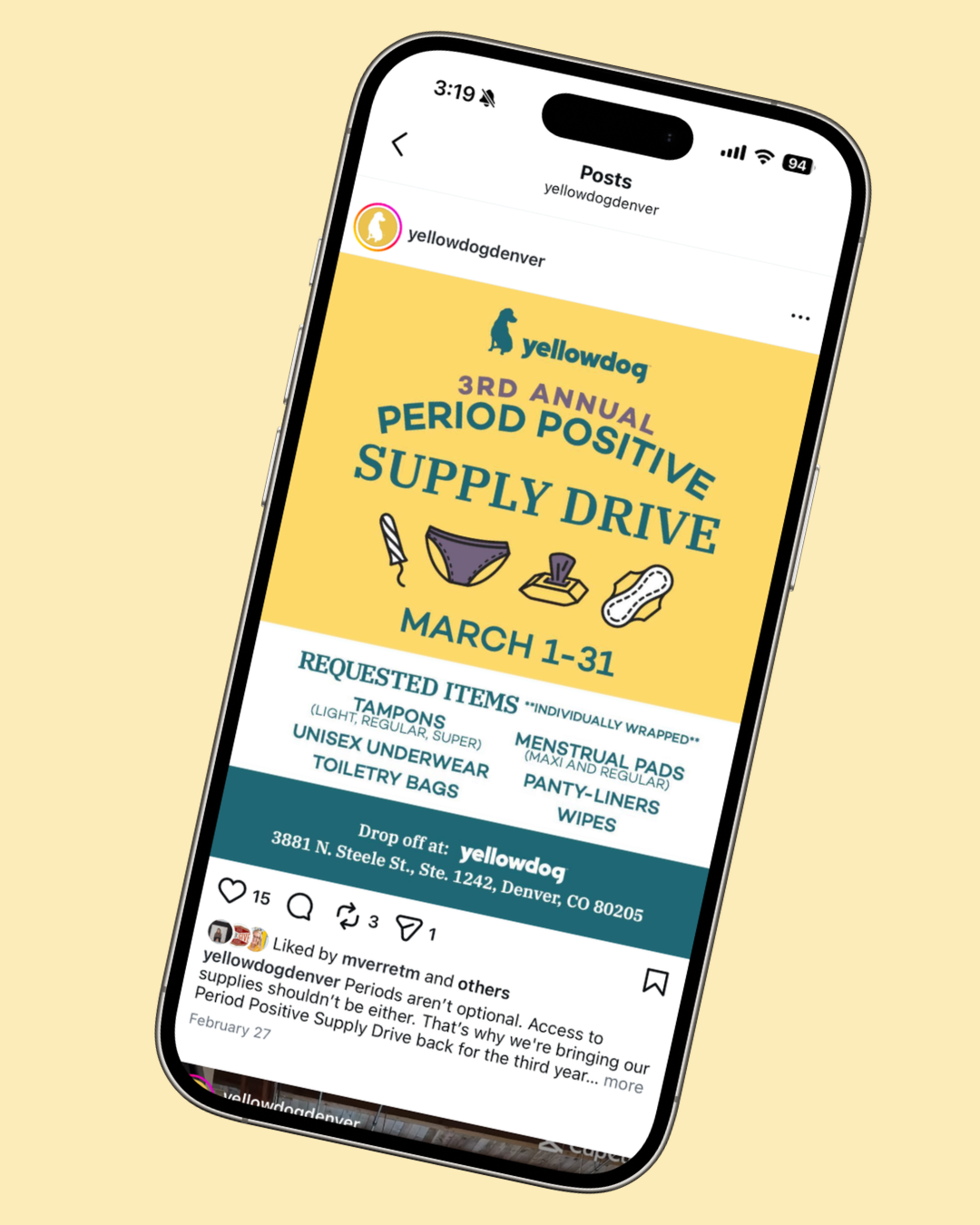 YellowDog social post (shown on a mocked up phone screen) promoting annual period supply drive.