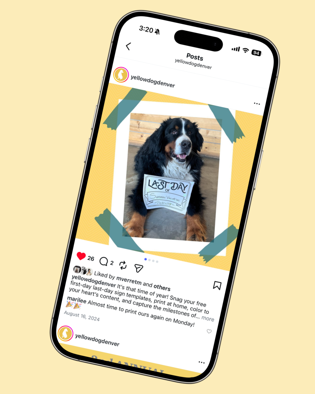 YellowDog social post (shown on a mocked up phone screen) promoting first-day of school printables.