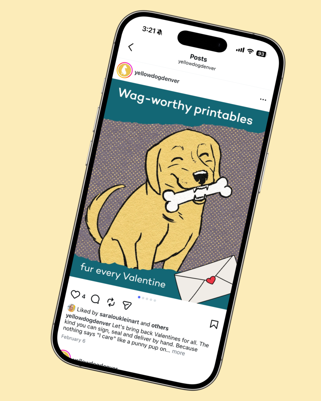 YellowDog social post (shown on a mocked up phone screen) promoting Valentine's Day printables.
