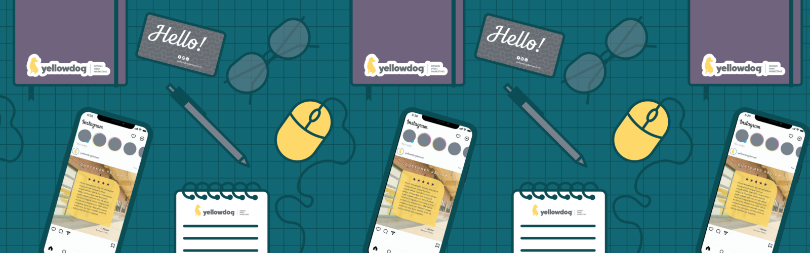 Brand kit elements including notebook, mouse, business card, and a phone with a social post pulled up on a teal checkered background.