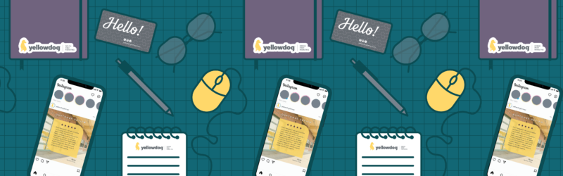 Notebook, mouse, business card, and a phone with a social post pulled up on a teal checkered background.