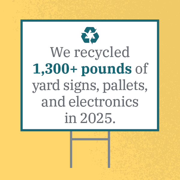 We recycled 1,300+ pounds of yard signs, pallets, and electronics in 2025.