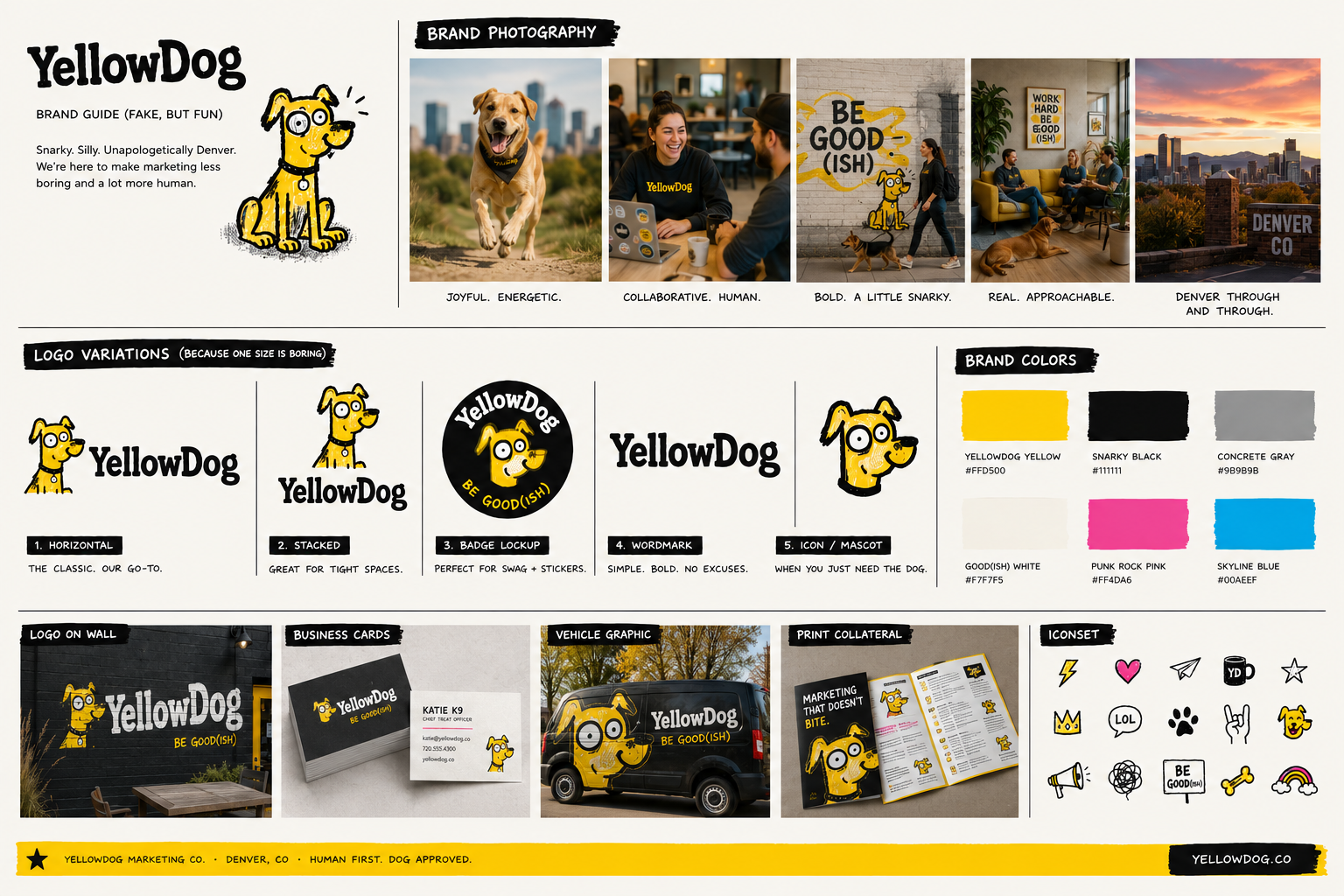 AI-generated brand kit featuring a YellowDog-adjacent logo, icons, photography, color scheme, and mockups of print collateral.