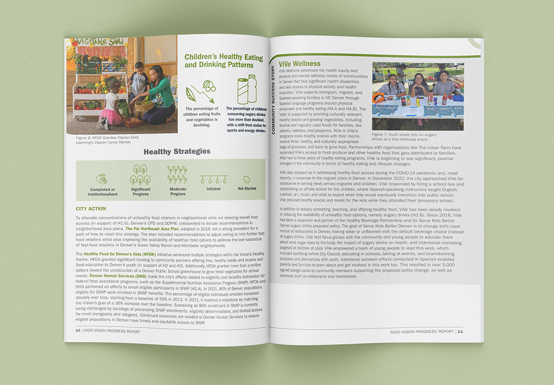 Progress report design example: interior spread of the Denver Food Vision progress report including photos of programs, icons illustrating health strategies, and lots of text.