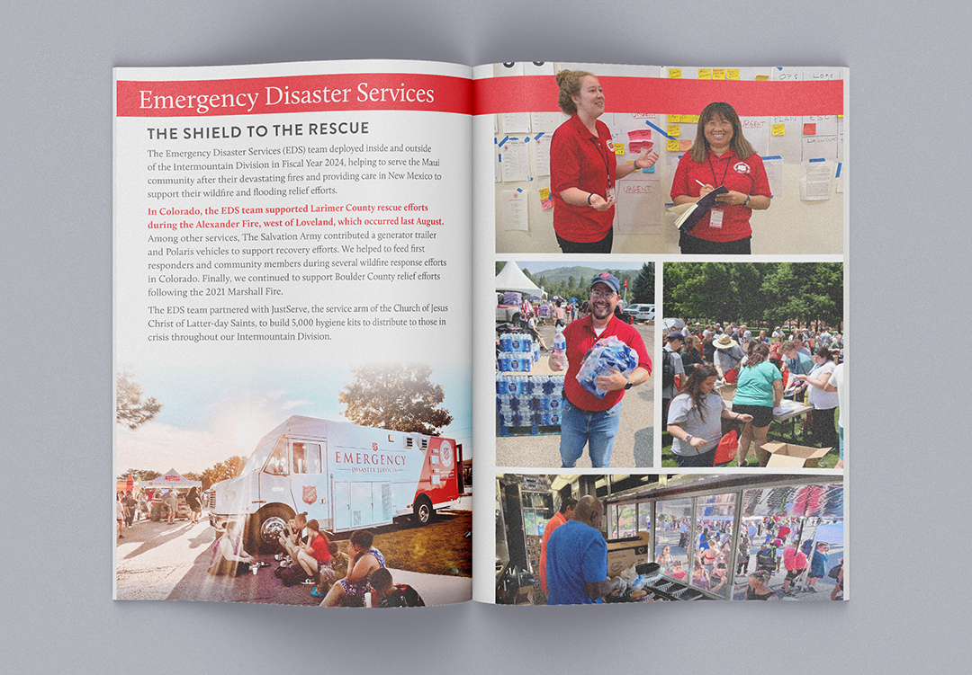 Example of an interior spread of a YellowDog-designed report featuring photos of Salvation Army disaster responders and an article with the headline "Emergency Disaster Services."