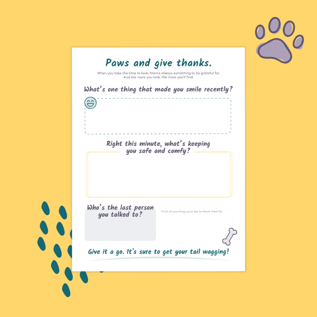 Image of a printable gratitude journal page with the heading: "Paws and give thanks."