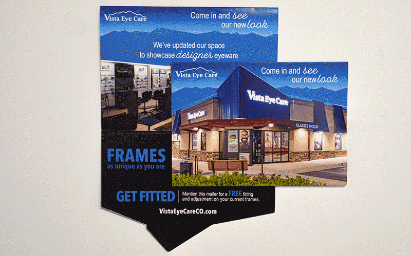 Die cut postcard for Vista Eye Care