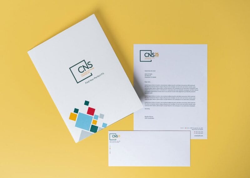 CNS identity package with pocket folder, letterhead and envelope