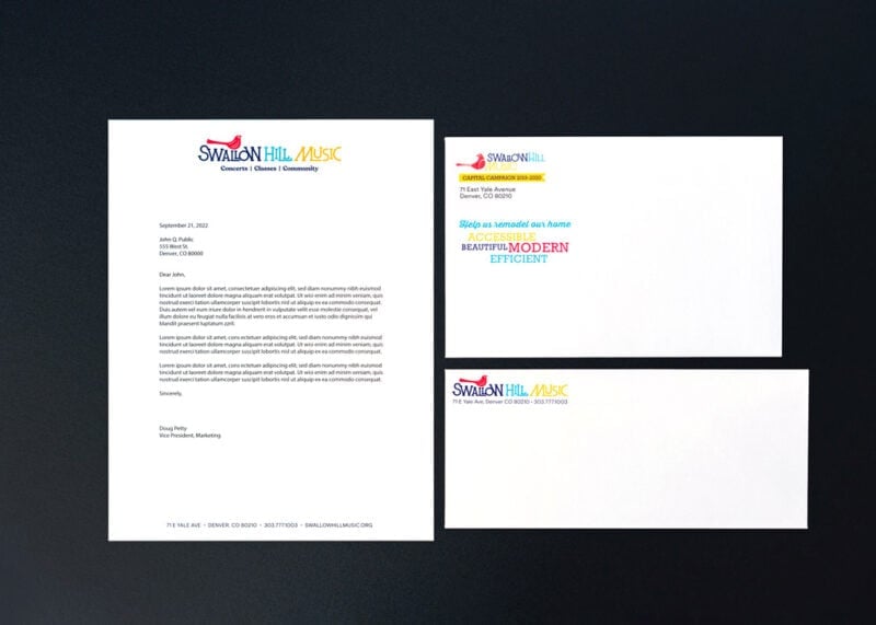 Swallow Hill Music letterhead and envelope
