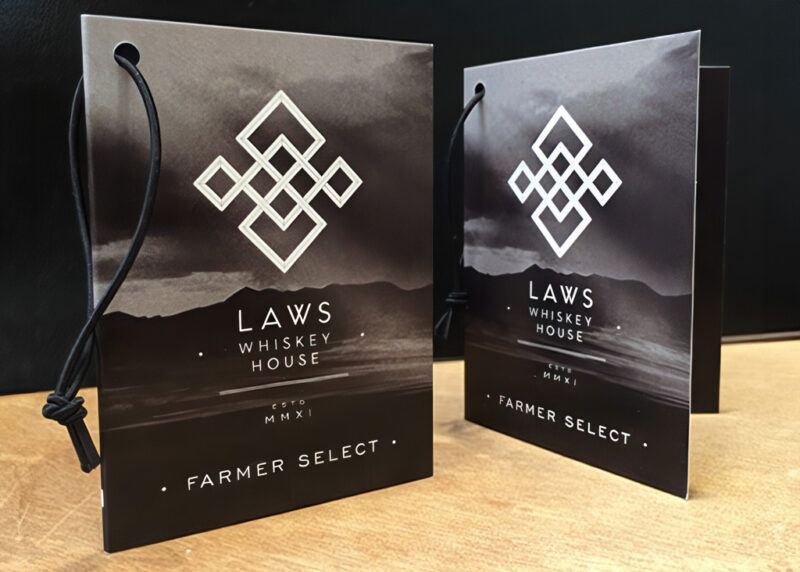 Bottle hang tags for Laws Whiskey House
