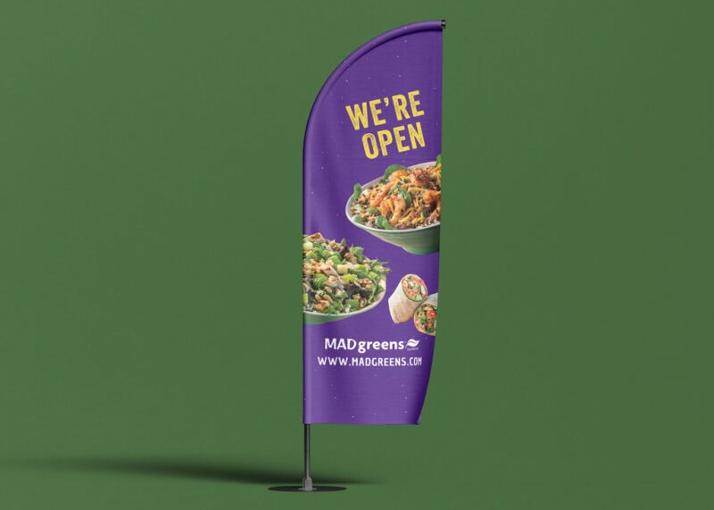 Now Open feather flags for Mad Greens