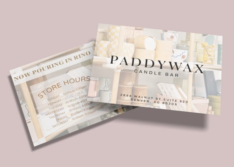 Store opening postcard printing for Paddywax
